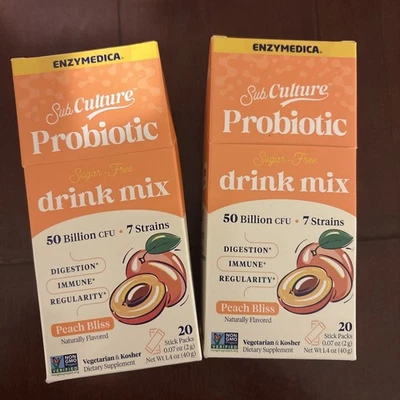 Polvo probiótico Enzymedica SubCulture Peach Bliss bebida diaria apoya el intestino X 2 Foto 1 de 4