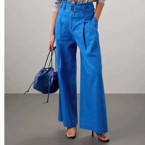 Wide Leg Paperbag High Waist Belted Trousers EUDON CHOI X RTR Size 6 Blue Linen - Picture 1 of 11