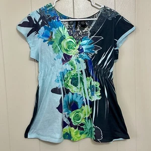 New Directions Floral Babydoll Top Sz L Blue Green Y2K Bling Lace Fairy - Picture 1 of 6