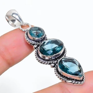 London Blue Topaz Gemstone Handmade 925 Sterling Silver Jewelry Pendant Size 2" - Picture 1 of 1