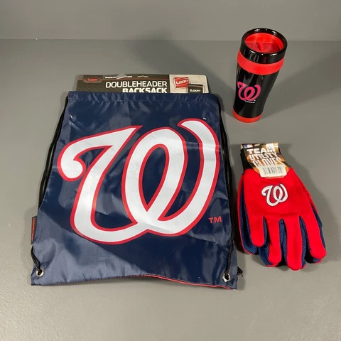Washington Nationals MLB Ultimate Fan Gift Lot Gloves, Drawstring Bag, Tumbler Cover