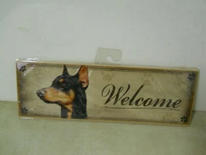 Doberman Pincher Dog Welcome Hanging Wall Sign 12" x 4" Jute Sting Hanger - Picture 1 of 2