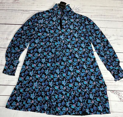 Nanette Lepore Womens 100% Silk Pintuck Mini Dress Sz 8 Blue Floral Long Sleeve - Image 1 of 4
