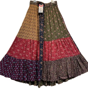 Nwt SACRED THREADS  floral hippy patch rayon button hi-low SKIRT M Free shipping - Picture 1 of 7