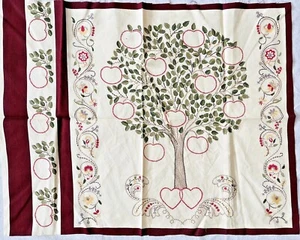 Anniversary Wall Art Fabric Panel to Embroider Tree with Apples & Hearts 17" - Picture 1 of 4