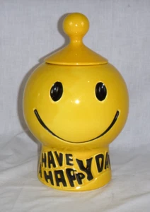 Vtg McCoy Have a Happy Day Yellow Smiley Face Cookie Jar & Lid 12" H - Picture 1 of 10