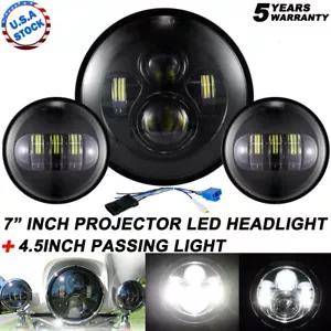80W 7inch LED Projector Headlight + Passing Lights for Harley Touring Motorcycle - Picture 1 of 24