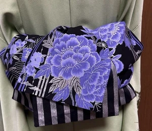 Kimono japonés HANHABA obi yukata obi.kaku obi.púrpura negro plata.flores - Imagen 1 de 6