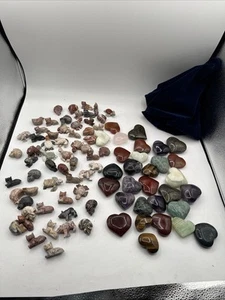 Huge Mixed Lot Natural Stone Carved Cats Skulls Hearts Chickens Turtles - Picture 1 of 20