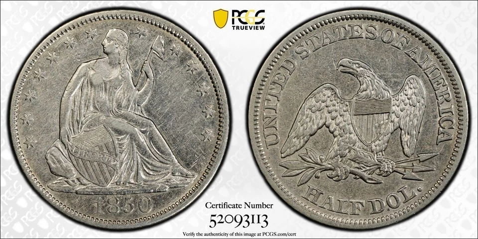 Medio dólar libertad sentada 1850 50C - PCGS genuino XF detalle limpiado (#1003) Foto 1 de 4