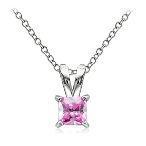 Sterling Silver 3/4ct Light Pink Cubic Zirconia 5mm Square Solitaire Necklace - Picture 1 of 3