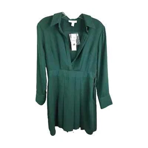 Topshop Women's A-Line Dress Long Sleeve Pleated Green Collared V-Neck 2 NWT $75 - Picture 1 of 13