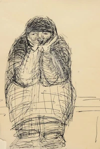 Unbekannt Tuschzeichnung / 1960-70 sitzende ältere Frau / Trauernde - Picture 1 of 11