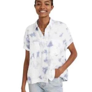 Madewell Damen-Krawatte Top XL blau weiß geknöpft vorne Lichtspiel am Strand - Bild 1 von 9