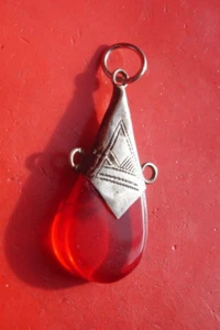 SILVER Niger Tuareg hand engraved red pear drop pendant L25 mm - Foto 1 di 4