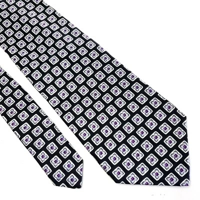 Roundtree & Yorke Print Wide Black Purple Floral Geometric Silk Tie - Image 1 of 4