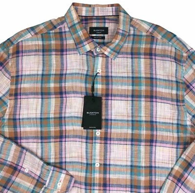 Men's Bugatchi Shaped Fit Shirt XXL 2XL Julian Madras Check Fine LINEN NEW  L/S - Image 1 of 4
