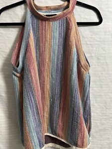 W5 Anthropologie Womens Top Multicolored Raw Edge Rainbow Halter Top Size L