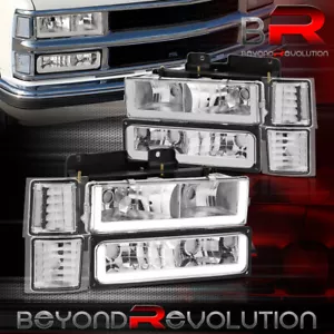 For 1994-1998 C/K C1500 C2500 C3500 LED Tube Chrome Headlights+Signal Bumper Set - Picture 1 of 7