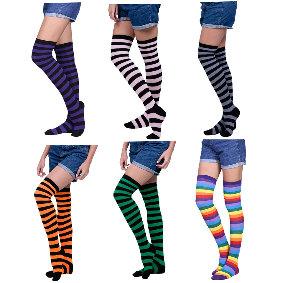2 pares de calcetines largos a rayas hasta el muslo sobre las rodillas para mujeres niñas escolares Foto 1 de 4