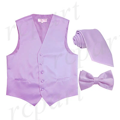 New Men's Solid Tuxedo Vest Waistcoat Necktie & Bowtie Set Party Prom Lavender - Image 1 of 4
