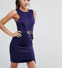 Navy Bodycon Midi Dress Size 16 Ruched Chain Detail Party Evening Occasion