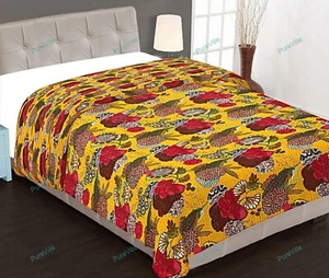 Colcha De Kantha Doble Con Patrón De Flores De Algodón Amarillo Boho Gitano - Imagen 1 de 7