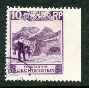 LIECHTENSTEIN 1930 - 10 Rp. Ganado alpino -ERROR DE PERFORACIÓN IMPERFECTO A LA DERECHA -VFU - Imagen 1 de 2