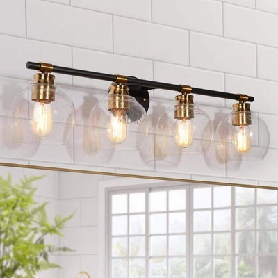 Zevni 30" 4-Light Brass Modern Bathroom Vanity Light w/Globe Seeded Glass Shades - Image 1 of 4