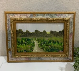 Arte de pared con marco dorado firmado pintura acrílica Holly Nellis paisaje “amapola rosa” - Imagen 1 de 9
