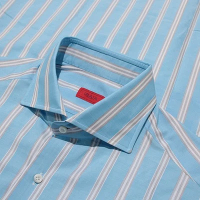 Camisa de vestir Isaia nueva con etiquetas manga larga talla 16 41 en rayas azules 100 % algodón Foto 1 de 4