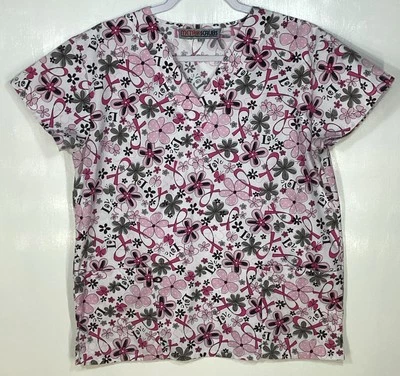 Pink Ribbon Scrub Top womens size S small Love Flowers Breast Cancer Awareness - Image 1 of 3
