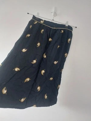 Vintage Midi Skirt Size 6 8 Blue Gold Floral Leaf Boho Work Smart Retro Office - Image 1 of 4