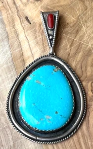 ciondolo vintage JESSIE CLAW NAVAJO lrg 3,75" TURCHESE STERLING con CORALLO - Foto 1 di 6