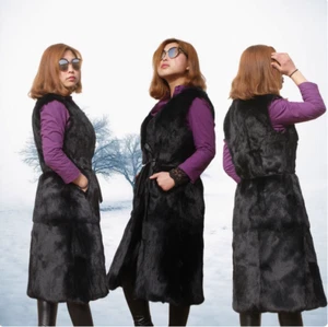Gilet donna in vera pelliccia lunghezza 90-95 cm pelliccia di coniglio smanicato invernale cappotto medio lungo - Foto 1 di 8