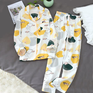 Korea Print Leaf Pajama Set Women 100% Gauze Cotton Long Sleeve Casual Sleepwear