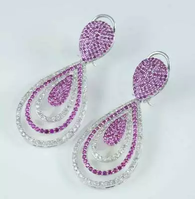 Pink Rose Cut Rubies With Shiny Simulated Sapphire Drop-Dangle Women's Earring - Image 1 of 4