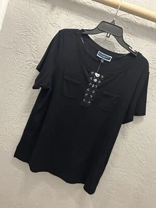 New $36 Karen Scott Women's Size 0X T Shirt Black Lace Up Short Sleeve Pockets - Picture 1 of 4