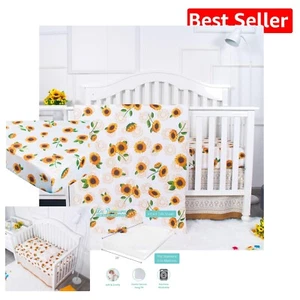 3-Piece Sunflower Baby Crib Bedding Set - Soft Beige and Orange Floral Style - Picture 1 of 11