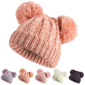 Kids Faux Fur Pom Pom Knitted Hat Toddler Baby Warm Cable Knit Beanie Bobble Cap - Picture 1 of 15