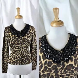 Leopard Print Cheetah Button Up Sweater Cardigan Beaded Glam Y2K Stretchy Small - Picture 1 of 6