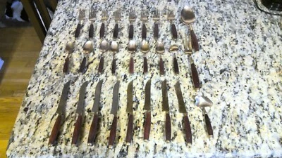 Brass & Wood Vintage Mid-Century Modern Silverware Flatware Gold Color Set of 27 - Image 1 of 4