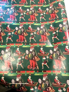 Vtg Sports Santa Gift Wrap Roll Xmas Wrapping Paper Tennis Football Fishing - Picture 1 of 5