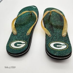 Green Bay Packers Women’s 9/10 Flip Flops Thongs Sandals Green Gold Sparkle 