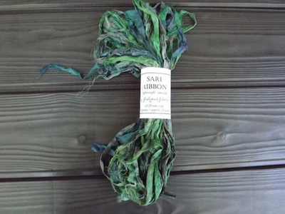 Sari silk Ribbon by Frabious Fibers, one hank,  hand-dyed greens + purple/blue - Image 1 of 4