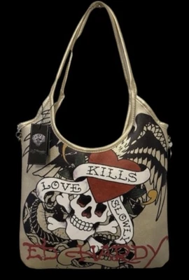 Don Ed Hardy Gold  "Love Kills Slowly" Shoulder Bag Tote Purse ~ NWT - Image 1 of 3