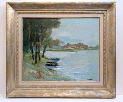 Ölgemälde SIGNIERT Lejeune 20. Jh IMPRESSIONIST Landschaft SEE Boote Bäume Ufer - Bild 1 von 4
