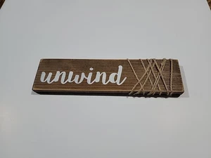 Rustic Bathroom Sign – “Unwind” Wood Sign, Wrapped In Twine, 14" x 3.5" - Picture 1 of 15