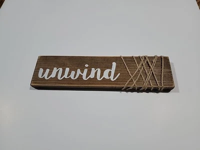 Rustic Bathroom Sign – “Unwind” Wood Sign, Wrapped In Twine, 14" x 3.5" - Image 1 of 4