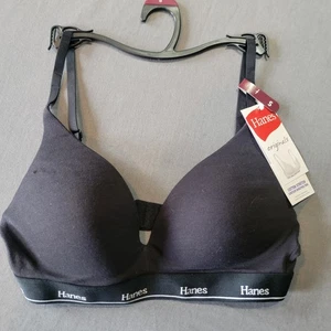 Hanes Original Wireless Bra Black Sz S Cotton Stretch New With Tags - Picture 1 of 8